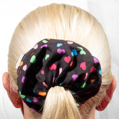 Large Rainbow Hearts on Black Scrunchie