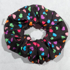 Large Rainbow Hearts on Black Scrunchie