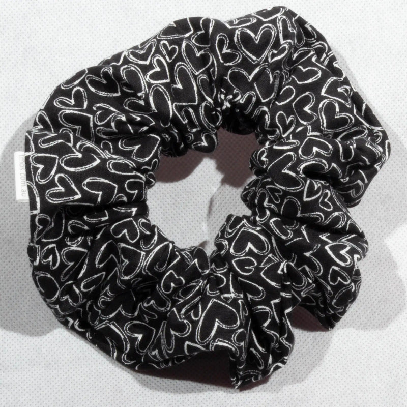 Large White Hearts on Black Scrunchie