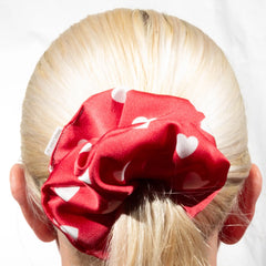 Large White Hearts on Red Scrunchie